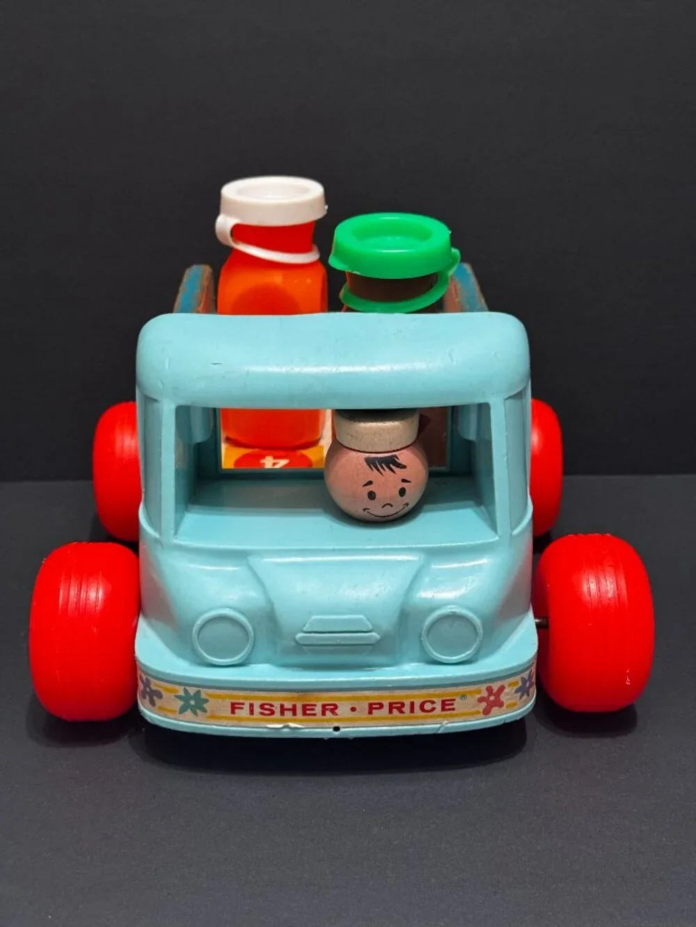 Fisher Price Pull Toy Milk Wagon 131 with Two Bottles, Vintage Circa 1965-1972